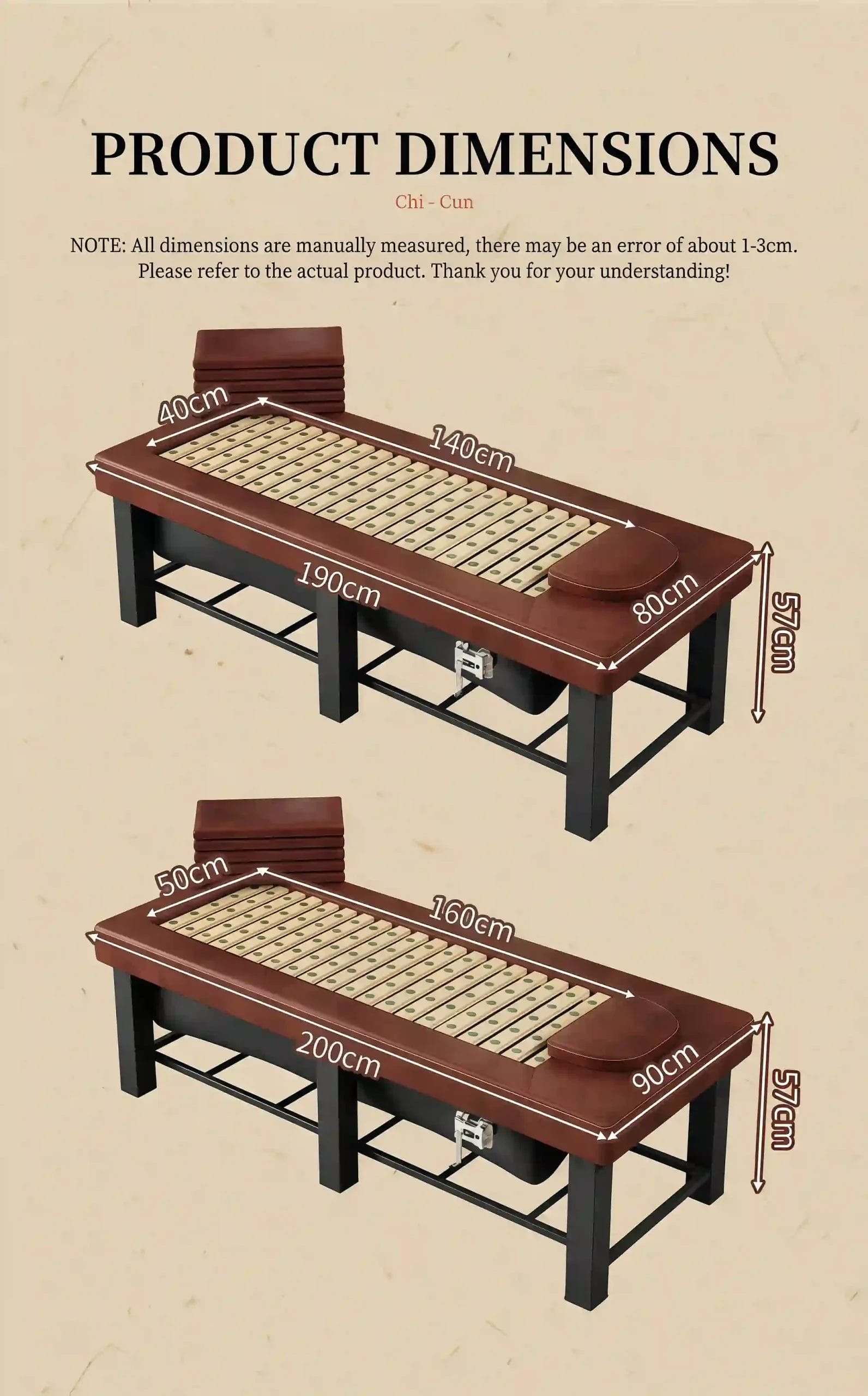 Dimension chart for the Herbal Steam Spa Bed showing sizes in cm and inches (74.8" and 78.7" lengths) for spa facility planning.