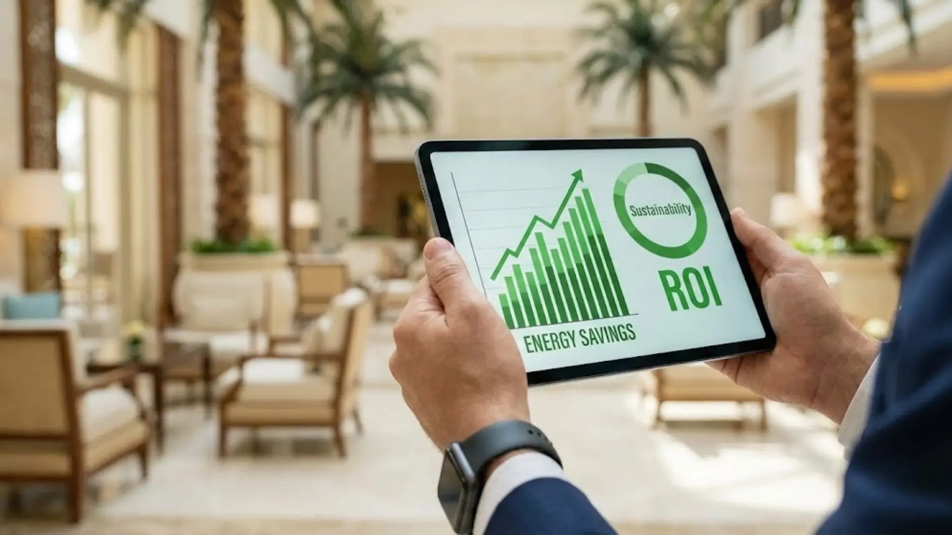 Close-up of a hotel procurement manager holding a tablet with green charts showing energy savings and ROI for hotel appliances.