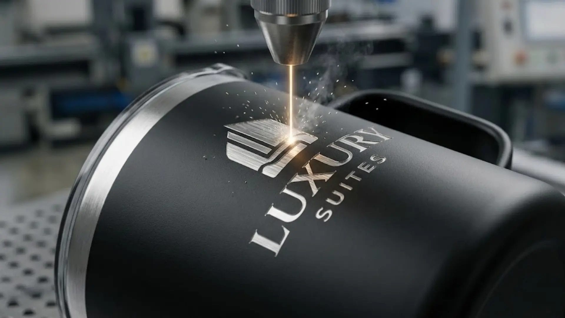 Macro close-up of a high-precision laser engraving of a hotel logo on a 300ml matte black stainless steel coffee mug.