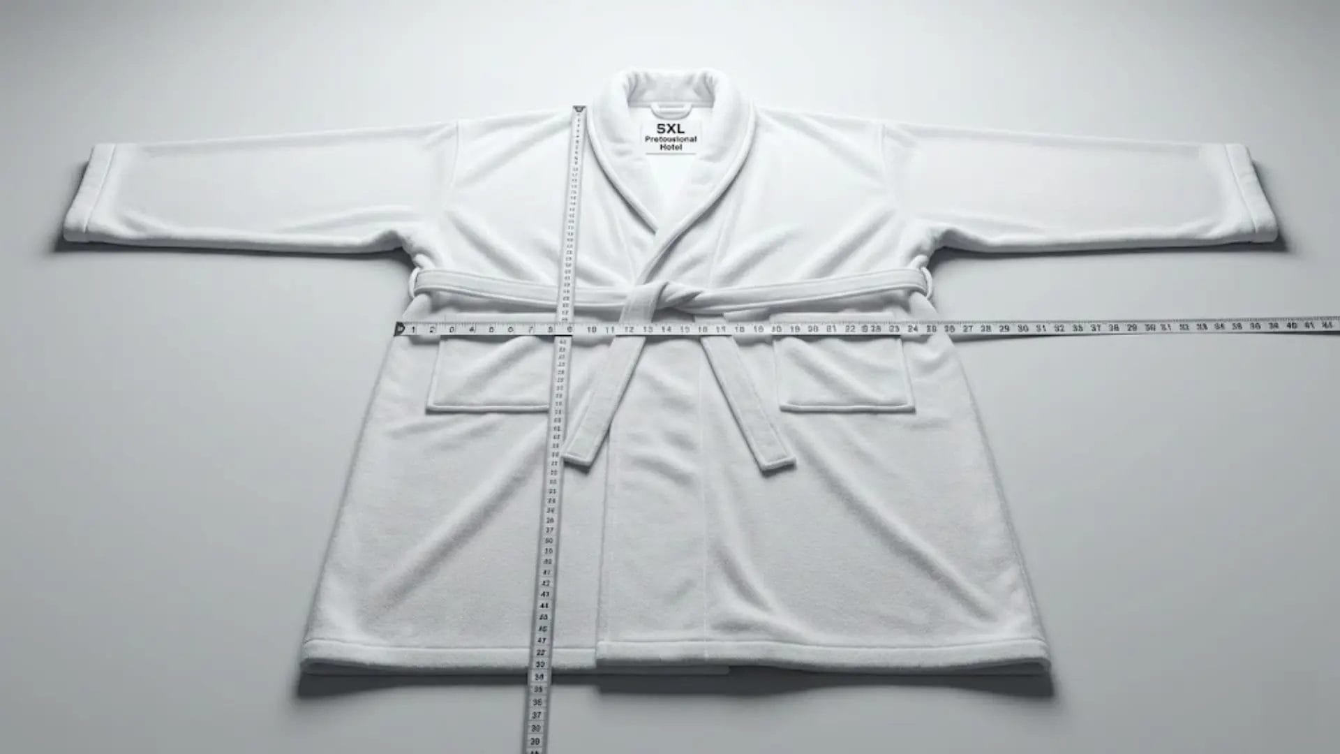 A 5XL white hotel bathrobe spread open to show its inclusive dimensions for athletes.