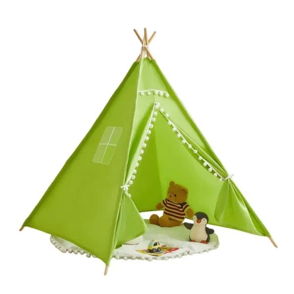 Green cotton canvas kids teepee tent with natural wood supports for indoor play.