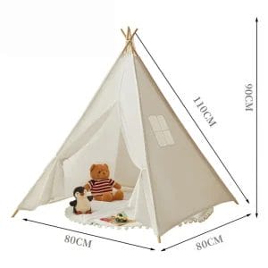 Small white kids teepee tent (31.5" x 31.5") made of 100% cotton canvas and solid wooden poles.