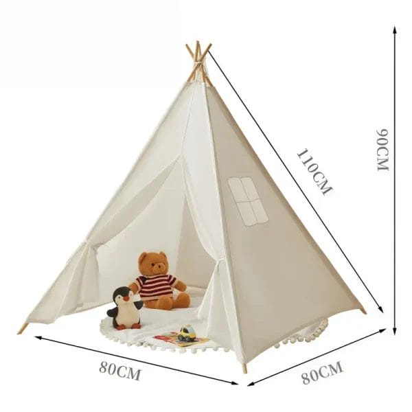 Small white kids teepee tent (31.5" x 31.5") made of 100% cotton canvas and solid wooden poles.