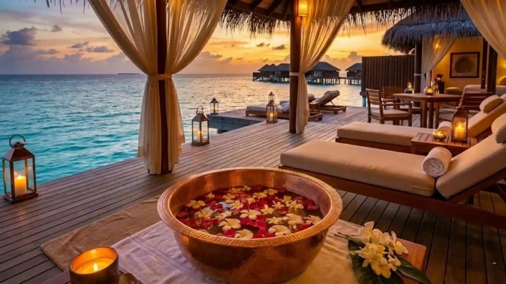 A hand-hammered copper pedicure bowl used as antimicrobial spa equipment in a luxury oceanfront resort setting.