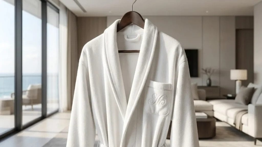 A premium white luxury hotel bathrobe hanging in a modern hotel suite.