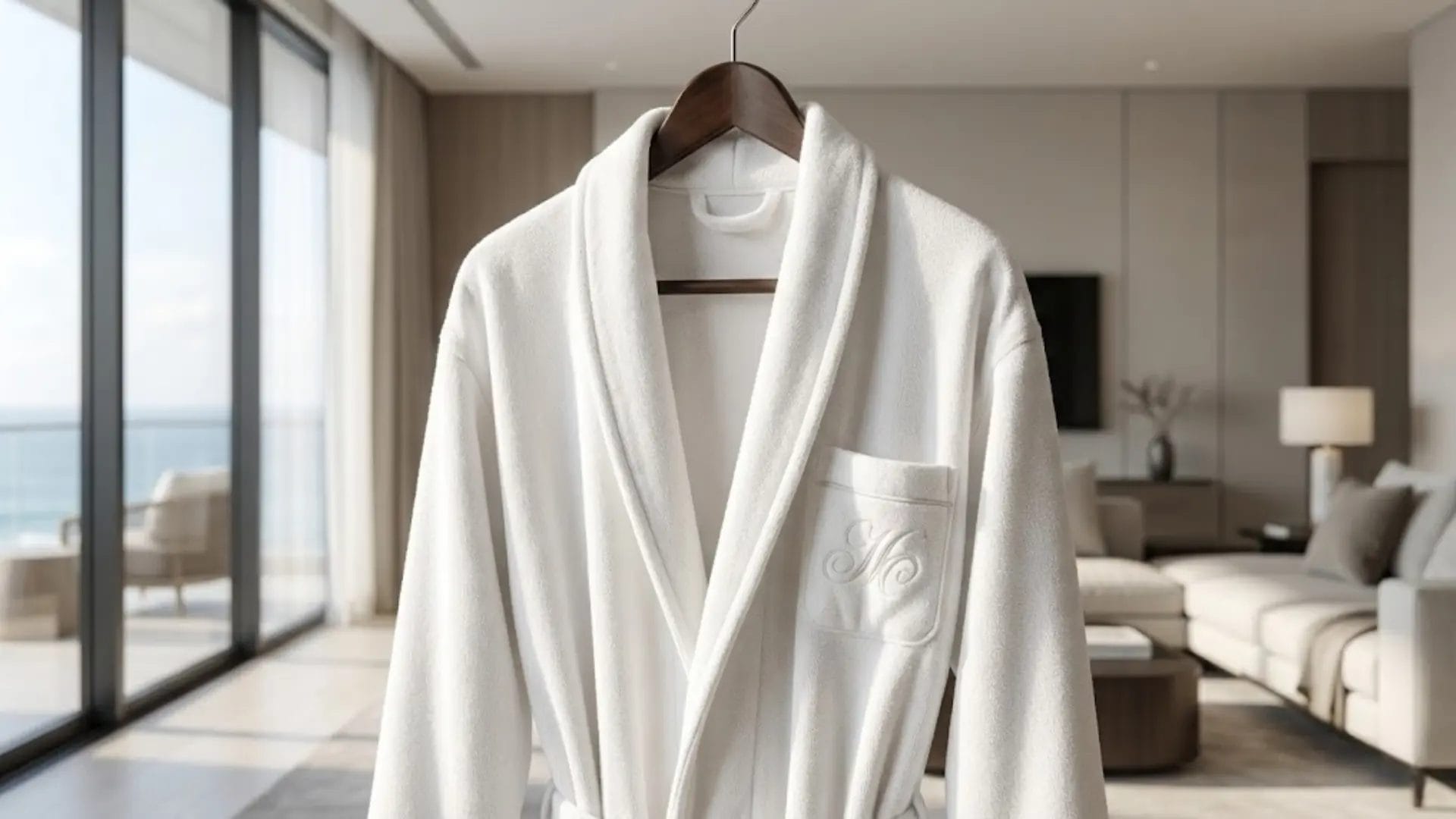 A premium white luxury hotel bathrobe hanging in a modern hotel suite.