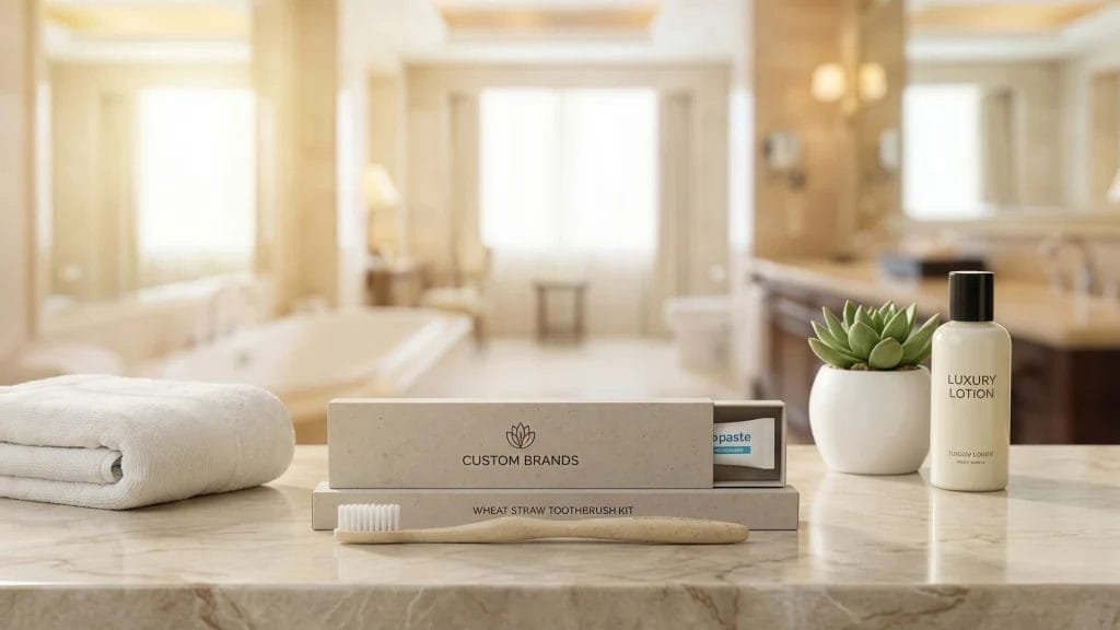 Luxury eco-friendly hotel toothbrush kit with wheat straw handle and custom branding in a high-end hotel bathroom.