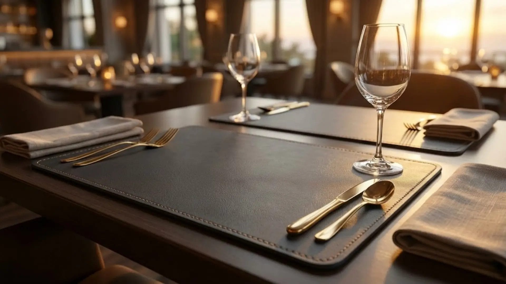 A luxury hotel table setting featuring a premium faux leather table mat and gold cutlery.