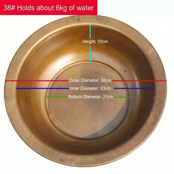 Model 38# brass foot soak basin showing 38cm outer diameter and 6kg water capacity for high-end wellness centers.