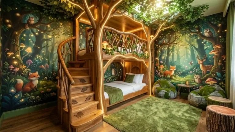 Themed hotel rooms featuring a bespoke treehouse bunk bed and panoramic resort garden views.