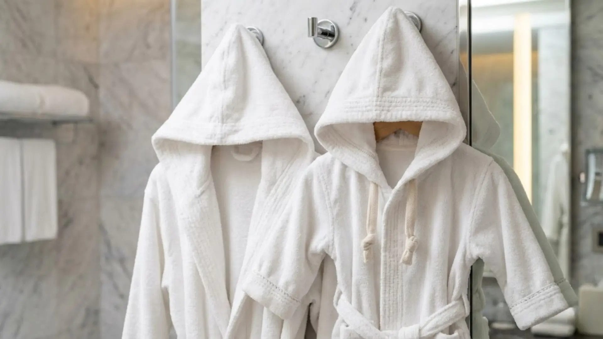 A matching set of luxury adult and child-sized white bathrobes on hangers.