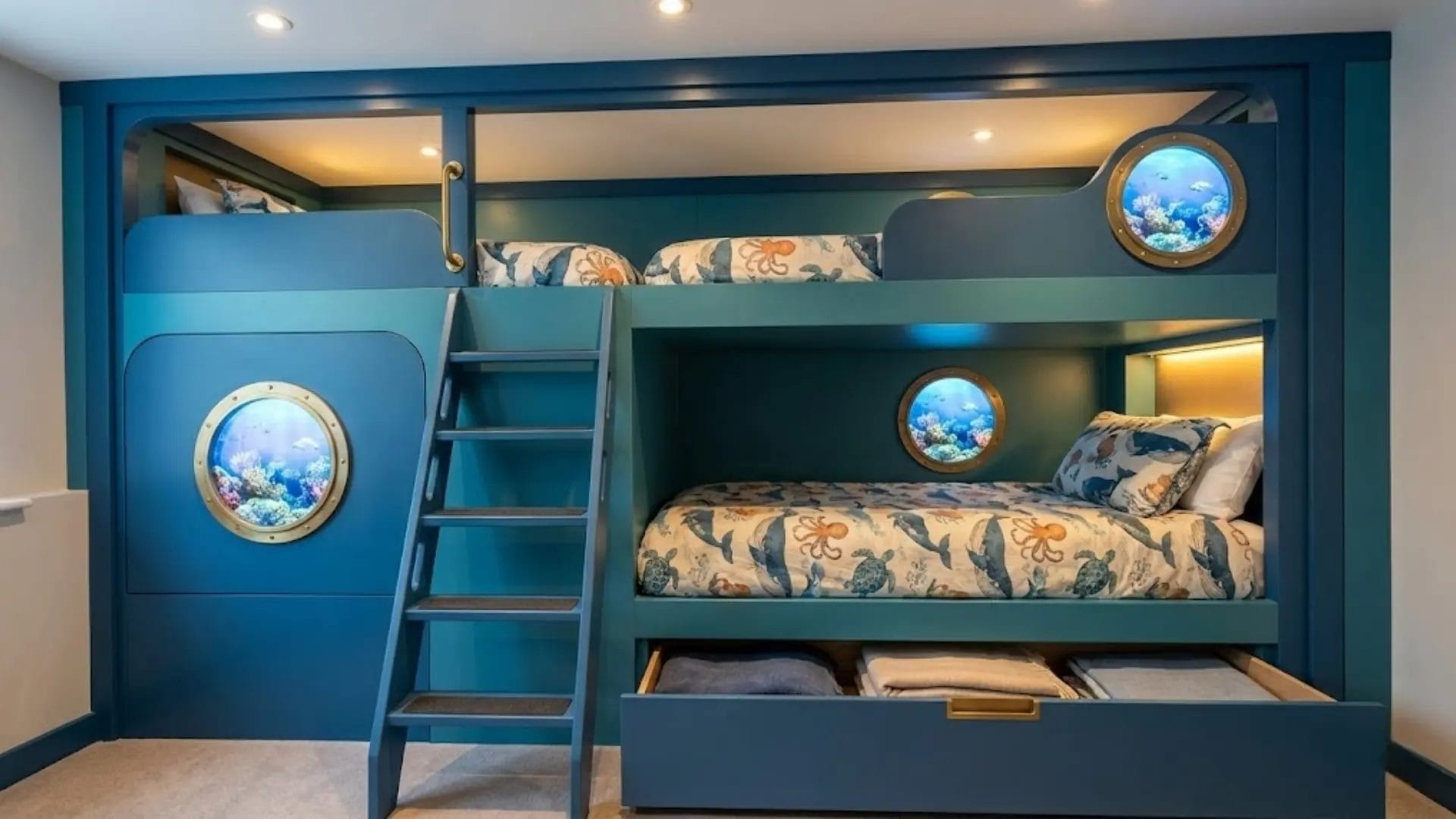 A custom-built submarine-themed bunk bed with porthole windows and integrated storage.