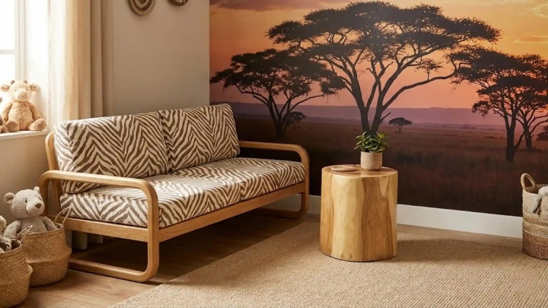 A cozy seating corner with a safari-themed bench, a wood stump table, and a savanna wall decal.