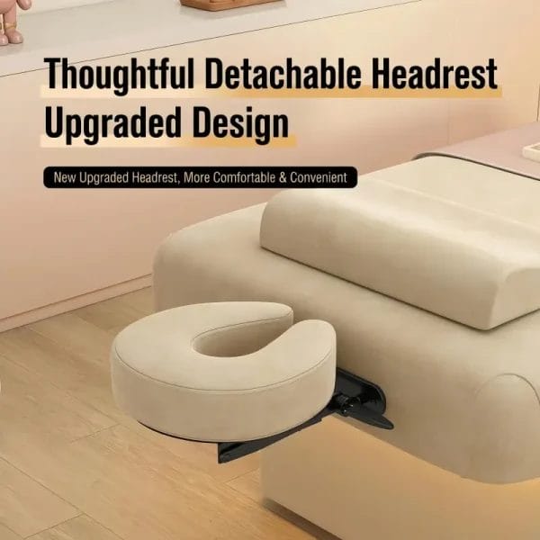 Close-up of the detachable, ergonomic headrest for a light luxury spa massage bed