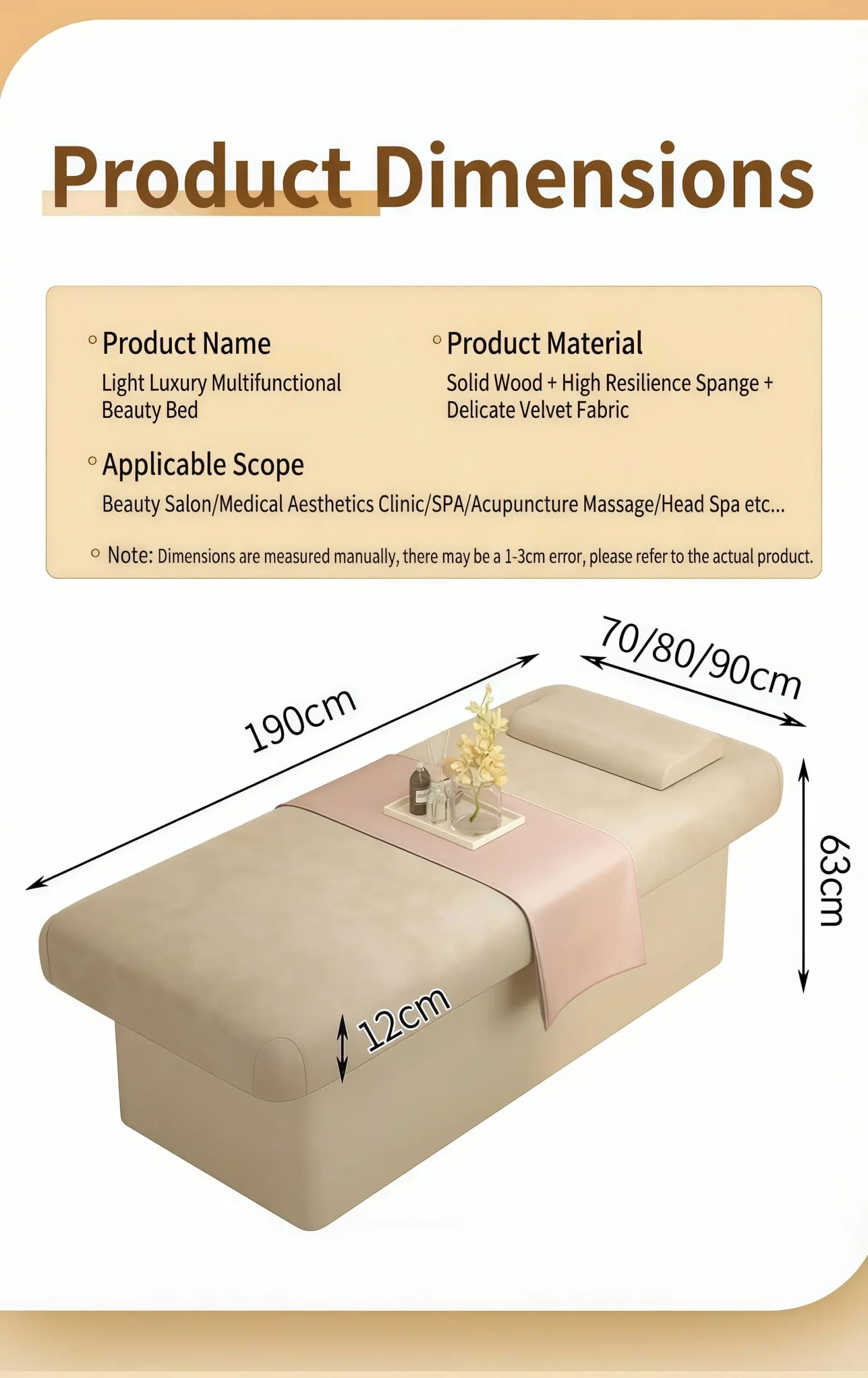 Product dimension diagram for a light luxury multifunctional spa massage bed