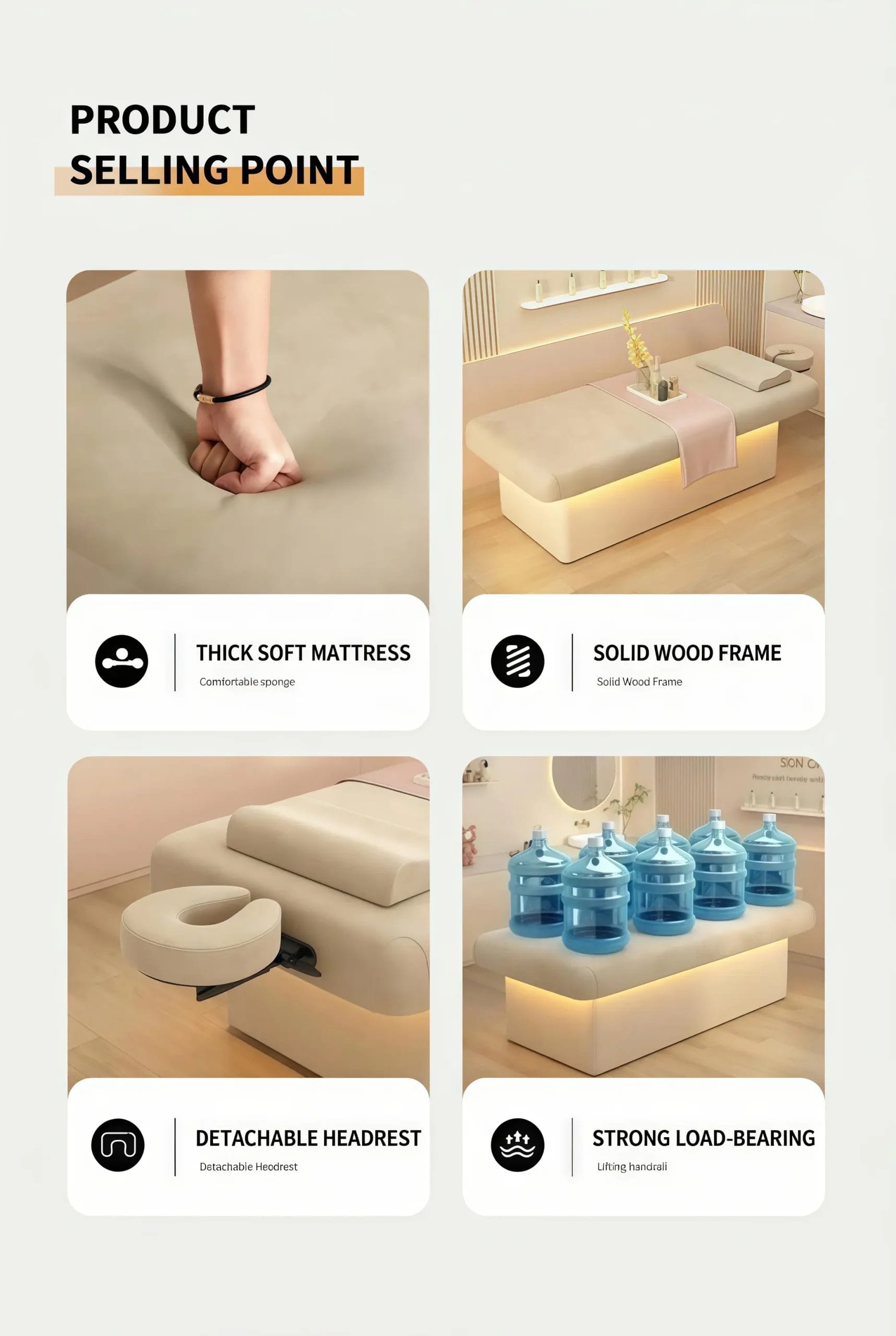 Infographic highlighting the key features of a light luxury spa massage bed