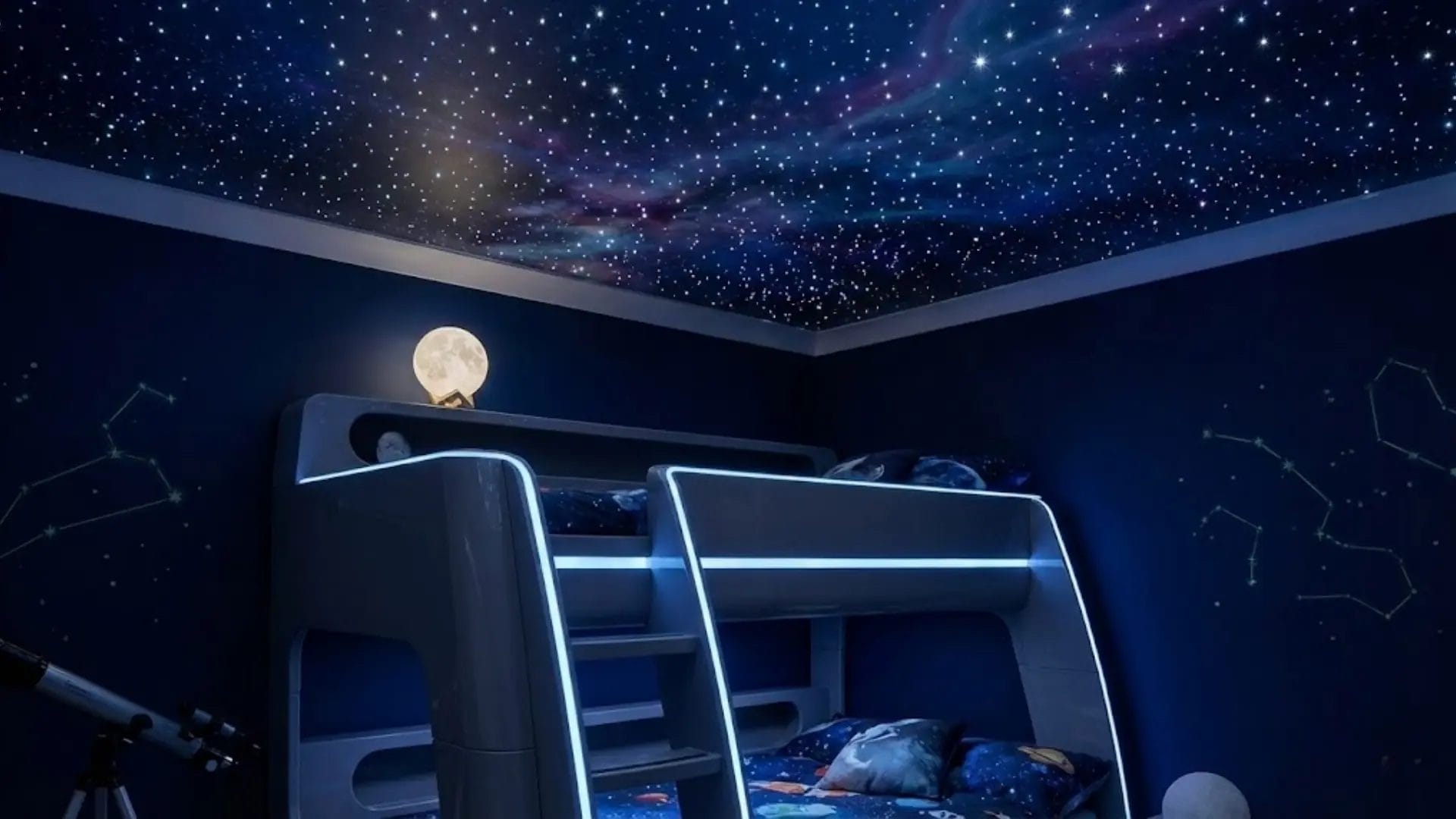 A night-time view of a space-themed room with a fiber-optic star ceiling and lit bunk bed.