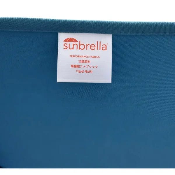 Sunbrella 5424 fabric tag on a luxury blue sun protection umbrella.
