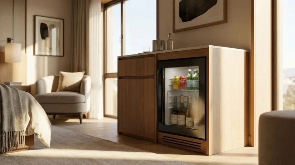 A high-end luxury hotel suite featuring a built-in silent mini fridge within custom cabinetry.