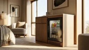 A high-end luxury hotel suite featuring a built-in silent mini fridge within custom cabinetry.