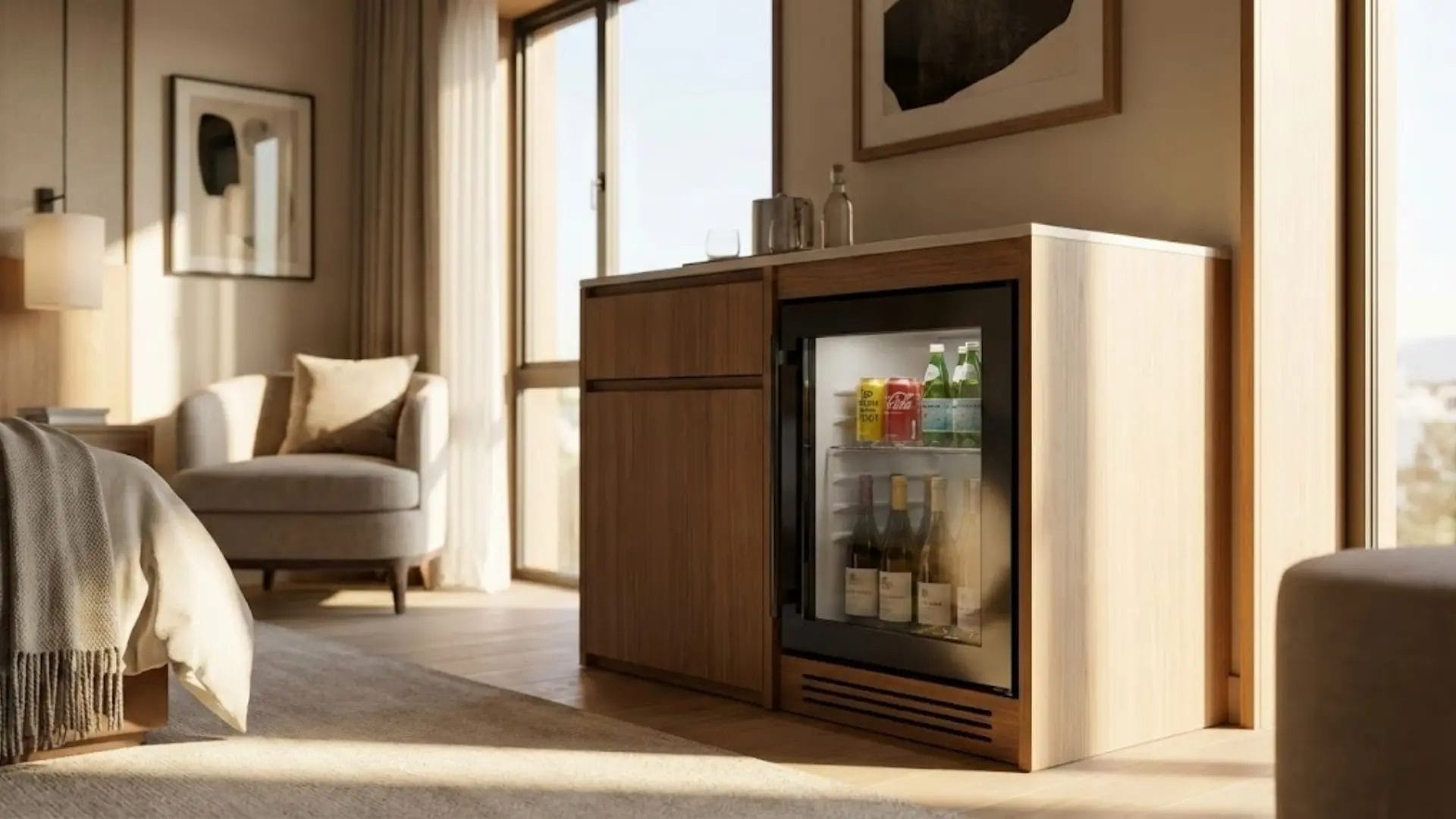 A high-end luxury hotel suite featuring a built-in silent mini fridge within custom cabinetry.