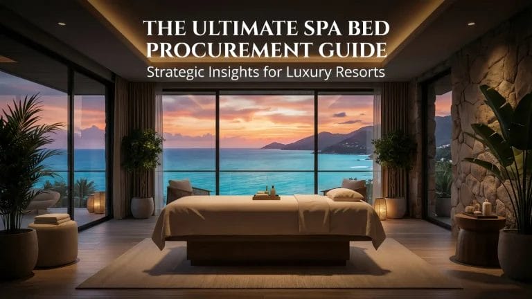The Ultimate Spa Bed Procurement Guide cover image for luxury hotel resorts featuring a solid wood massage bed at sunset.