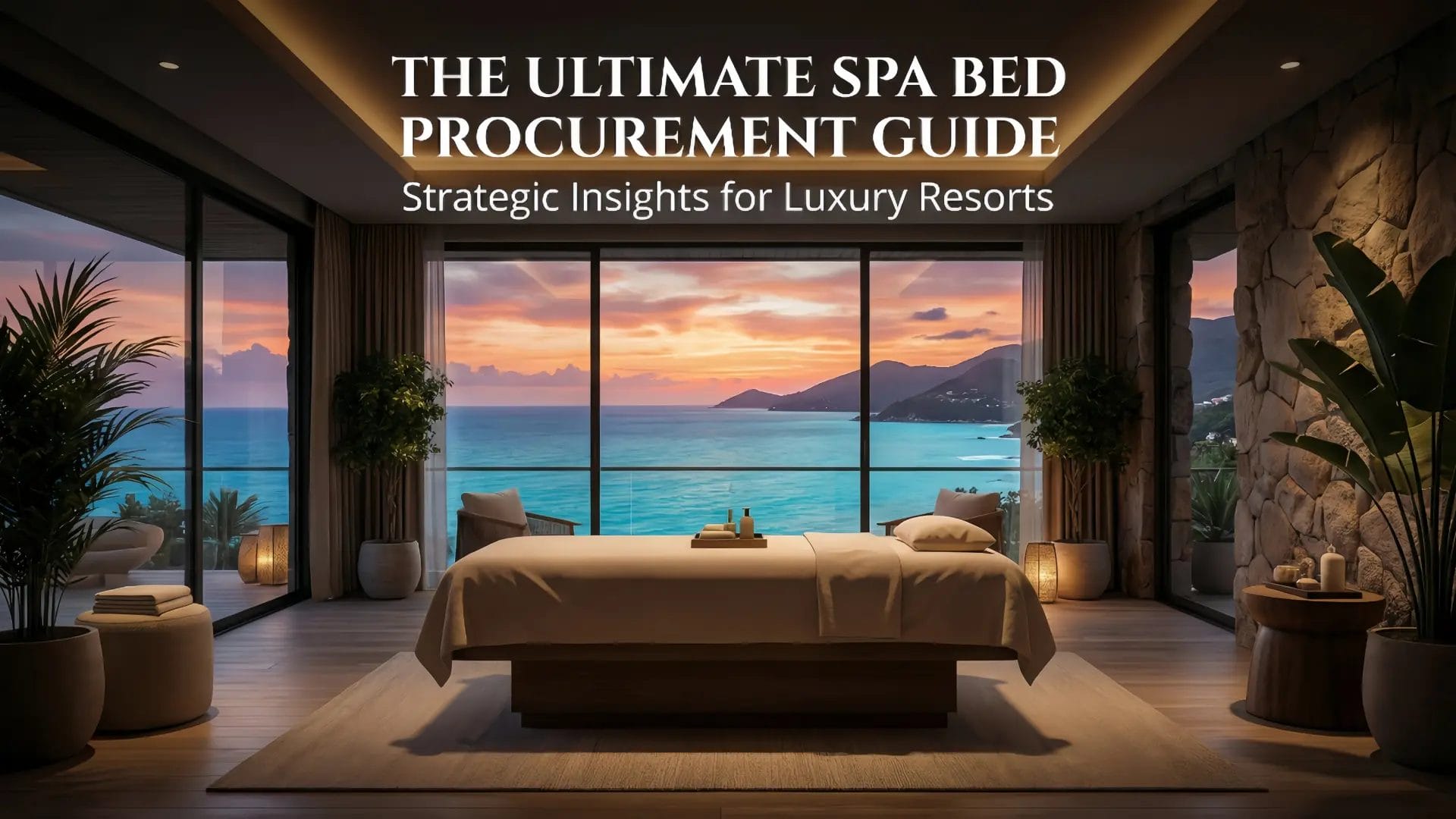 The Ultimate Spa Bed Procurement Guide cover image for luxury hotel resorts featuring a solid wood massage bed at sunset.