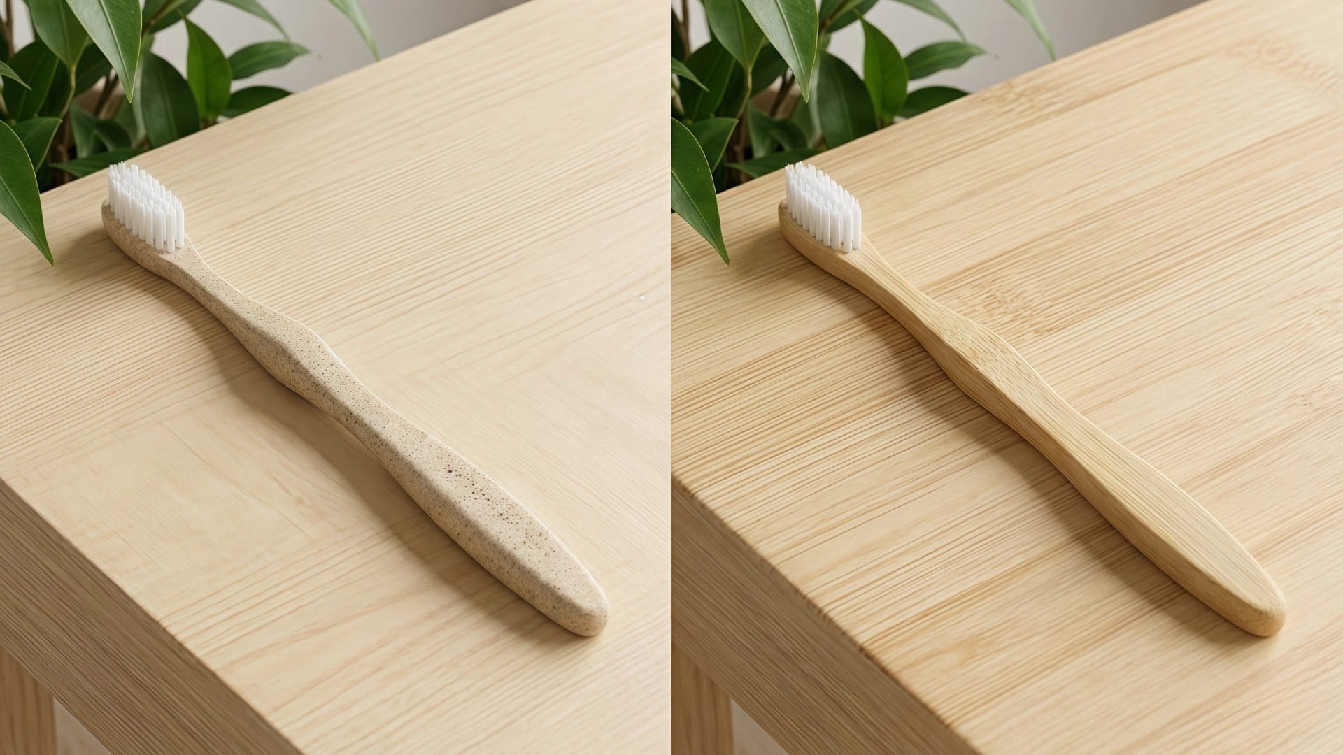 Side-by-side comparison of a speckled wheat straw toothbrush handle and a natural bamboo toothbrush handle.