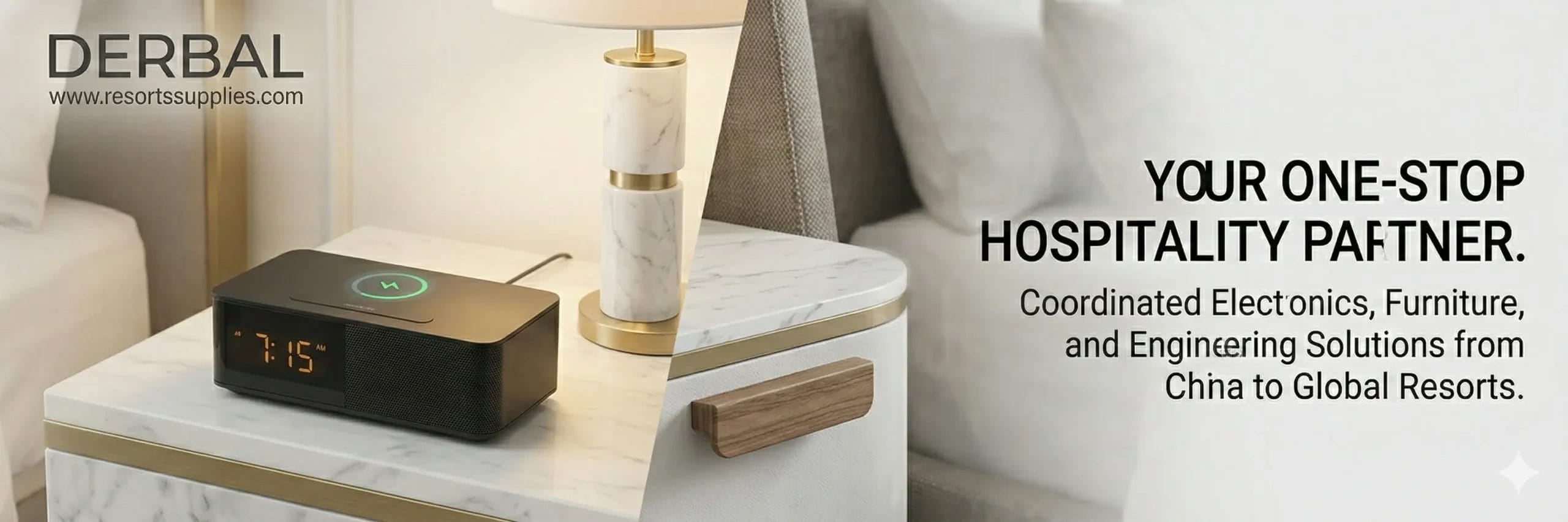 A premium smartphone resting perfectly on the top rubberized charging ring of a Guestroom Snooze Speaker, displaying a charging icon. This image highlights the integrated Qi-certified wireless charging and high-speed USB-C charging ports for modern travelers.