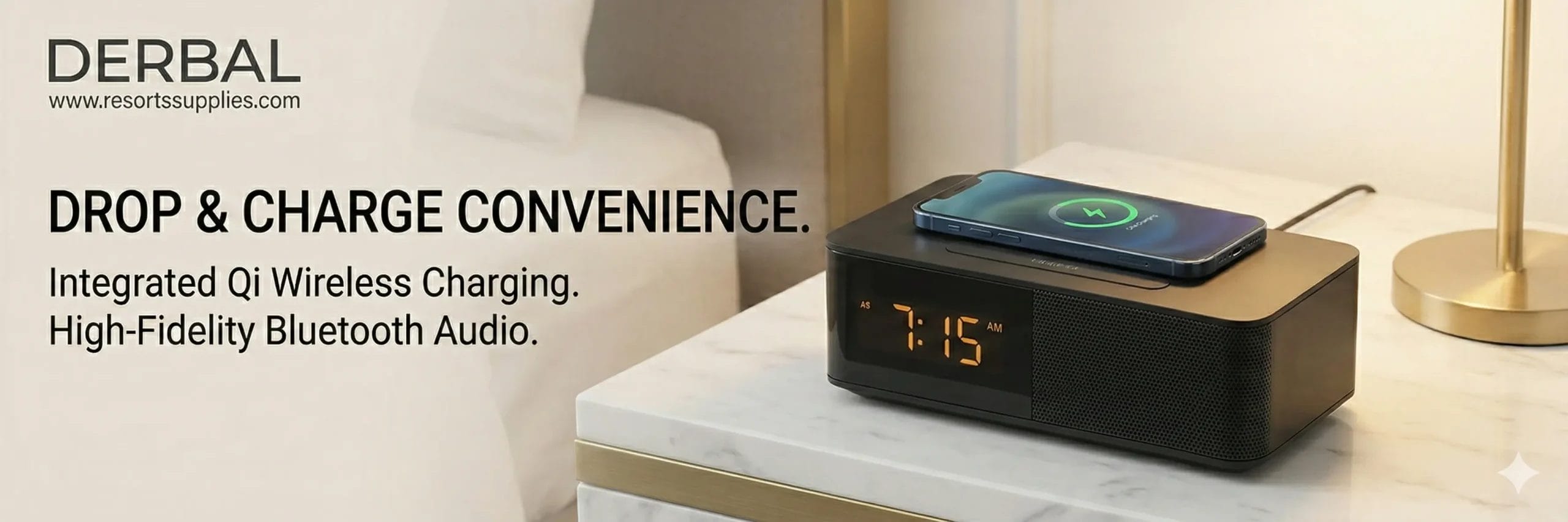 Close-up of the large amber LED display on a Guestroom Snooze Speaker showing 'CLEARED'. This visual emphasizes the single-day alarm function, which automatically resets daily to eliminate the risk of guests being woken by previous settings.