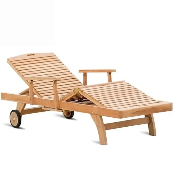 A close-up of the rock-solid mortise and tenon joints connecting the legs to the main frame of the Teak Sun Bed.