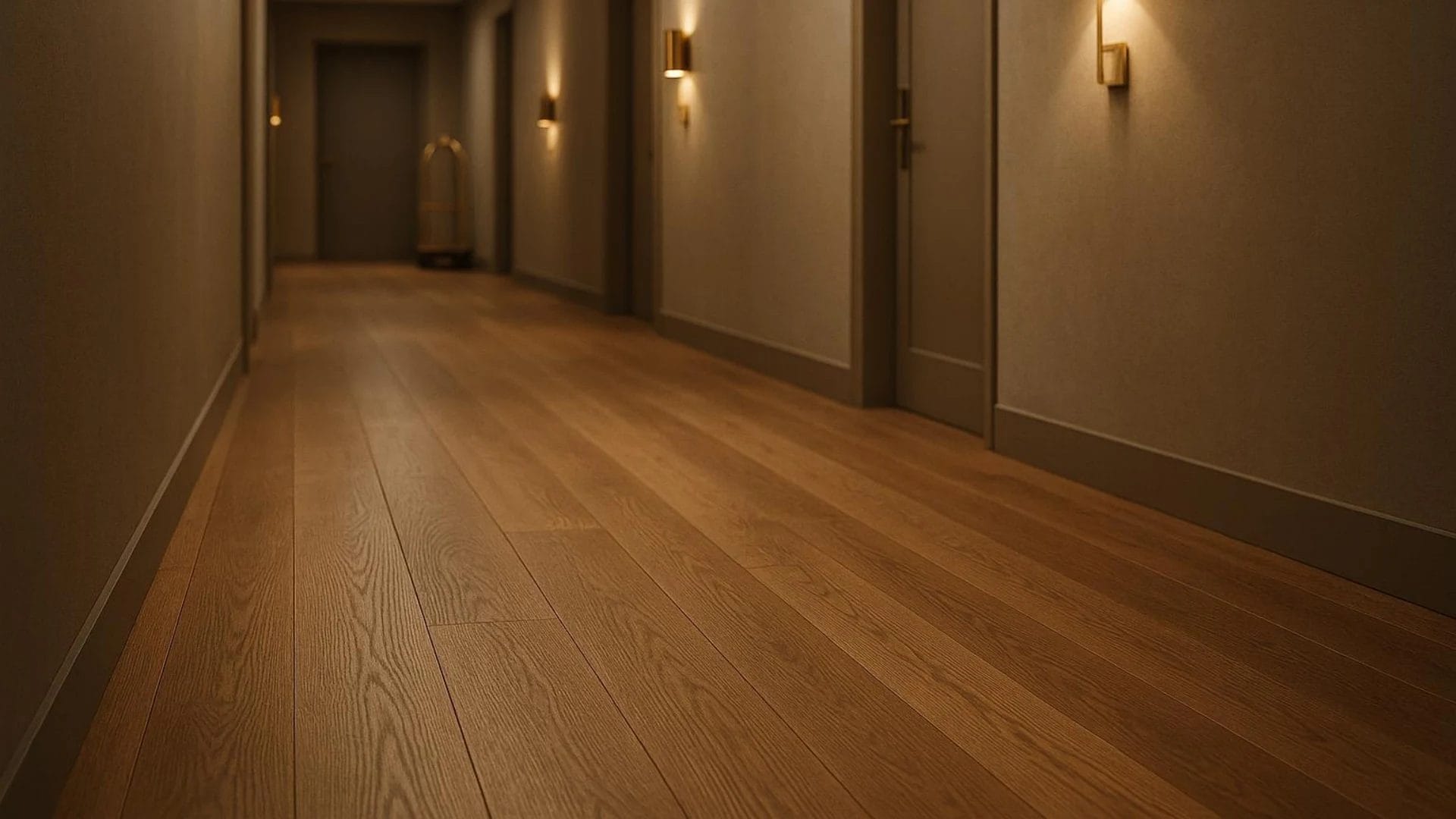 Hotel corridor with wide-plank engineered oak flooring, warm matte European oak finish