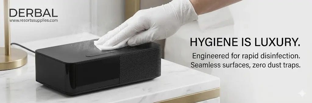 A DERBAL commercial-grade Guestroom Snooze Speaker on a minimalist nightstand, highlighting the completely seamless, non-porous top surface engineered for rapid housekeeping disinfection and infection control in luxury resorts.