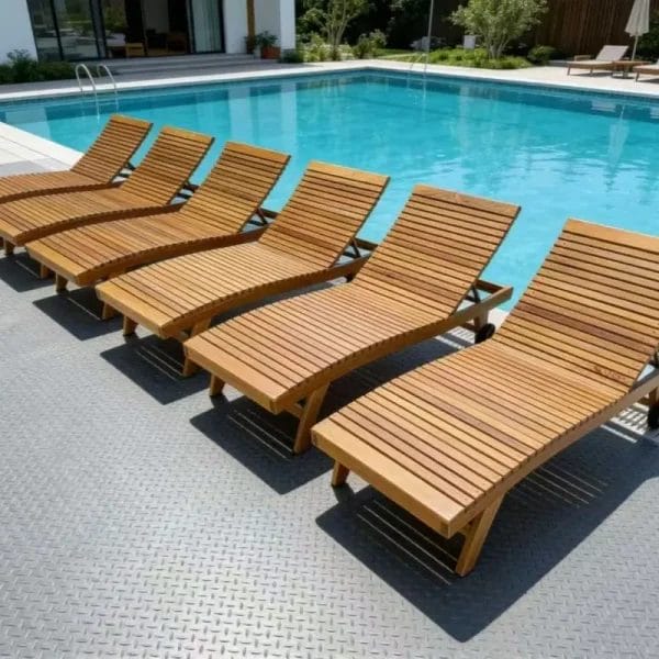 The backrest of the Teak Sun Bed shown in three different adjustable angles, supported by marine-grade stainless steel hardware.
