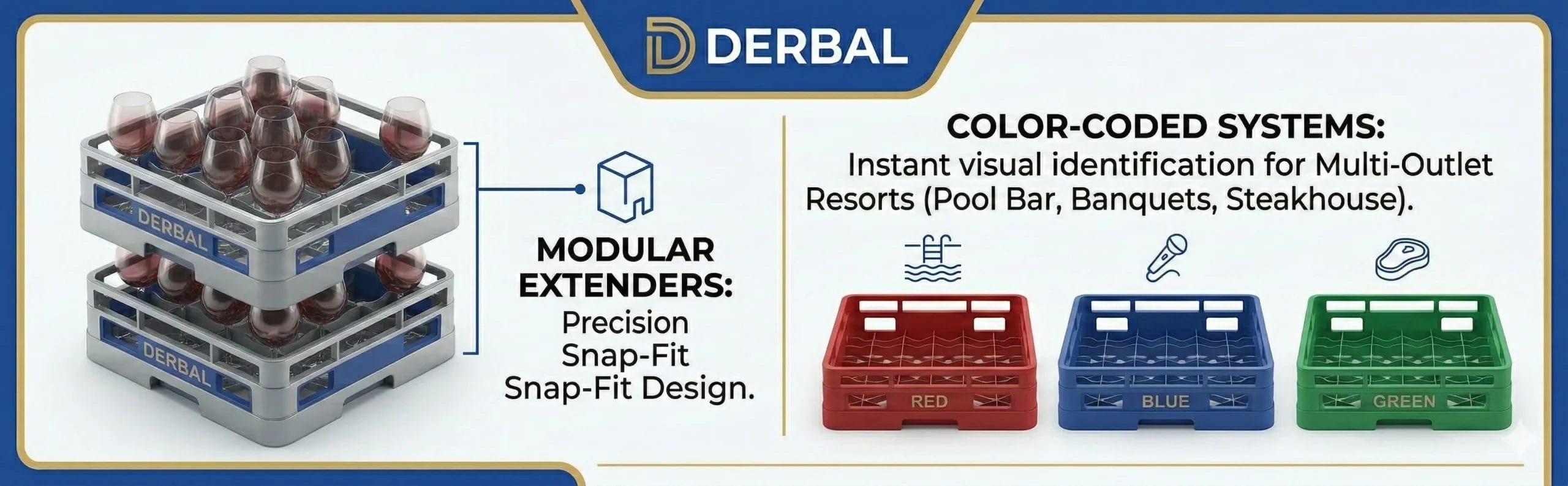 Operational Flexibility and Efficiency: Master Any Hospitality Challenge with DERBAL Modular Extenders and Efficiency-Boosting Color-Coded Commercial Glass Racks.