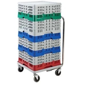 A secure stack of three blue and grey Commercial Glass Racks ready for a restaurant dishwasher.