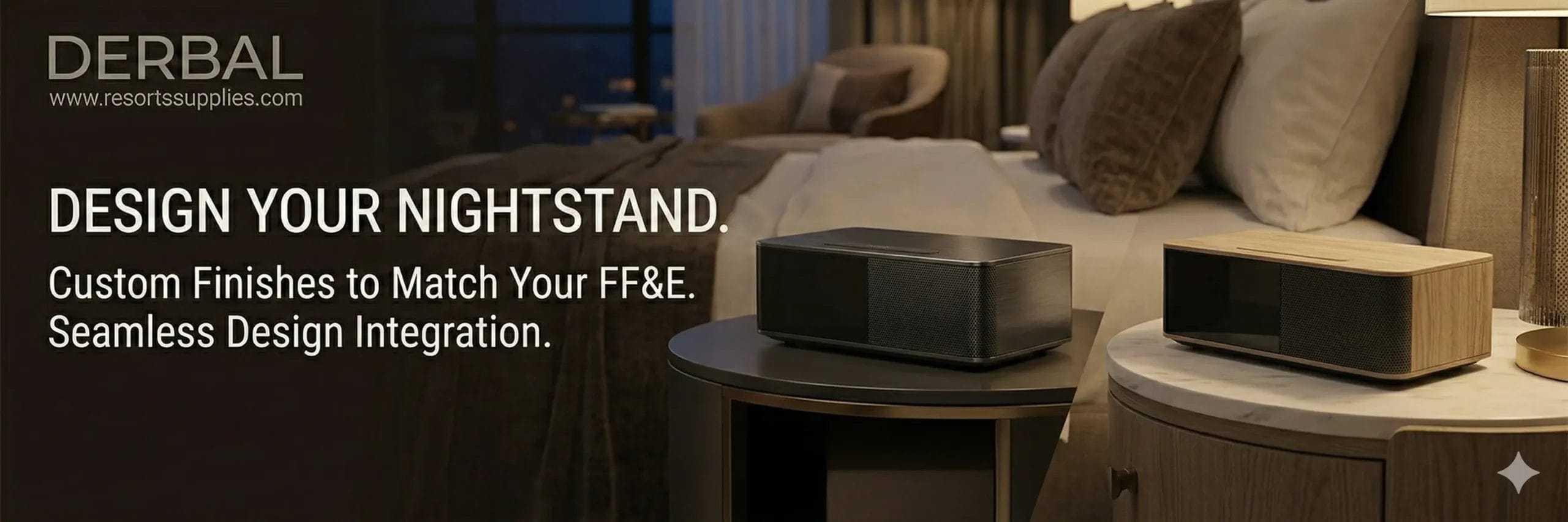 A detailed view of the front-facing acoustic polycarbonate grill of a Guestroom Snooze Speaker. This title targets the hardware-coded volume limiting and secure, proximity-based Bluetooth pairing features that protect neighboring rooms from noise complaints.