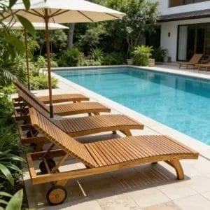 Water beads rolling off the thick, solution-dyed acrylic cushion of the Teak Sun Bed after a tropical rain shower.