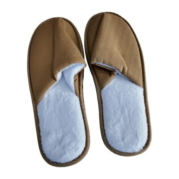 Unique asymmetric overlapping vamp design on premium brown twill Hotel Indoor Slippers.