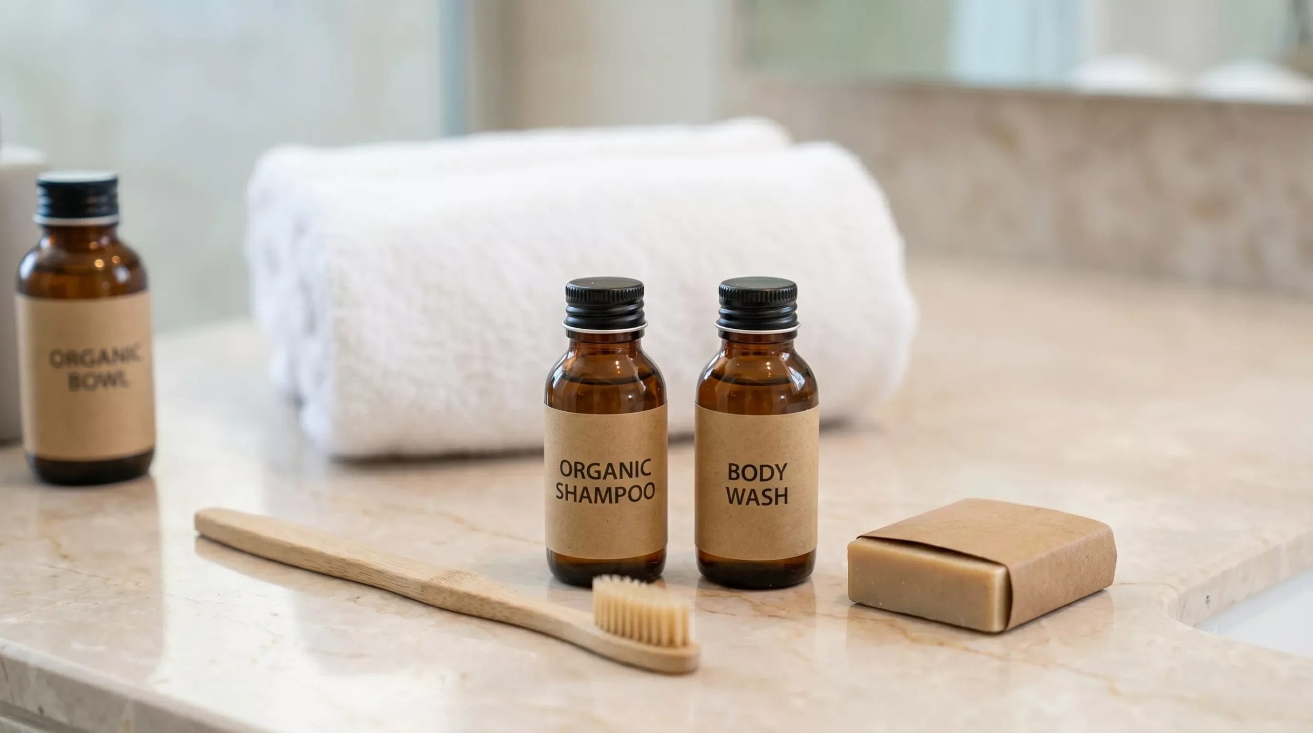 hotel safety hygiene standards suppliers bamboo toothbrush kraft soap organic amenity bottles marble bathroom luxury eco-certified 2026
