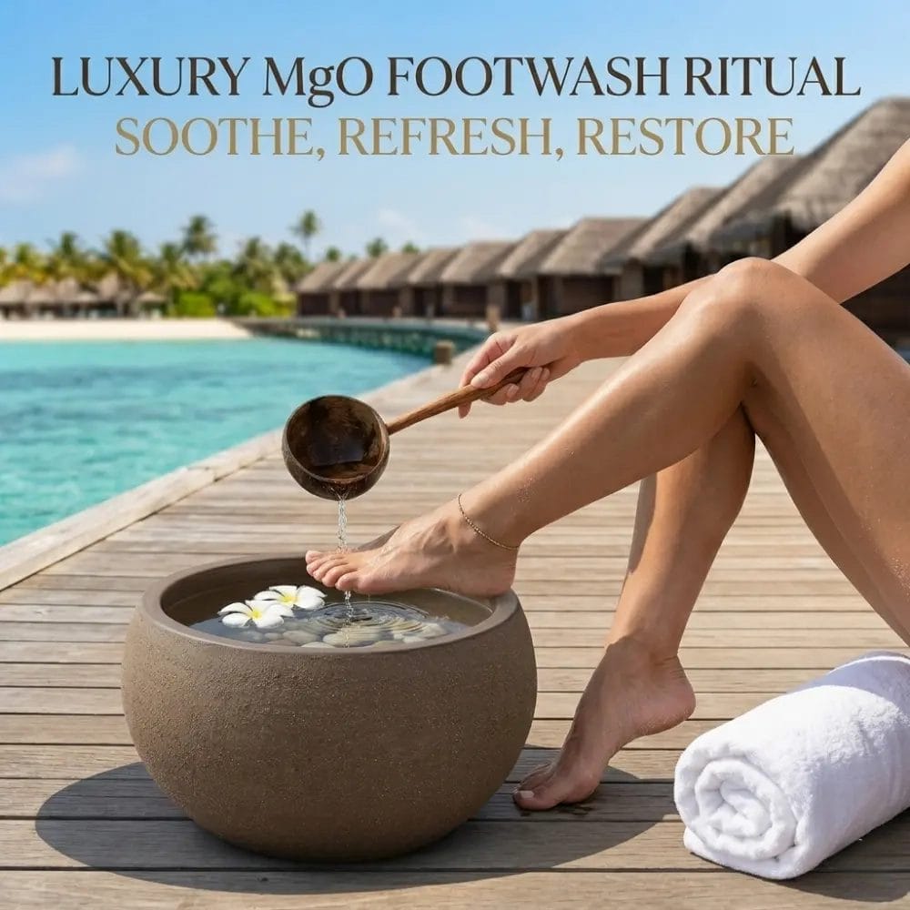 Luxury beachfront villa entrance featuring a decorative Foot Wash Pot Water pots setup with flowers.