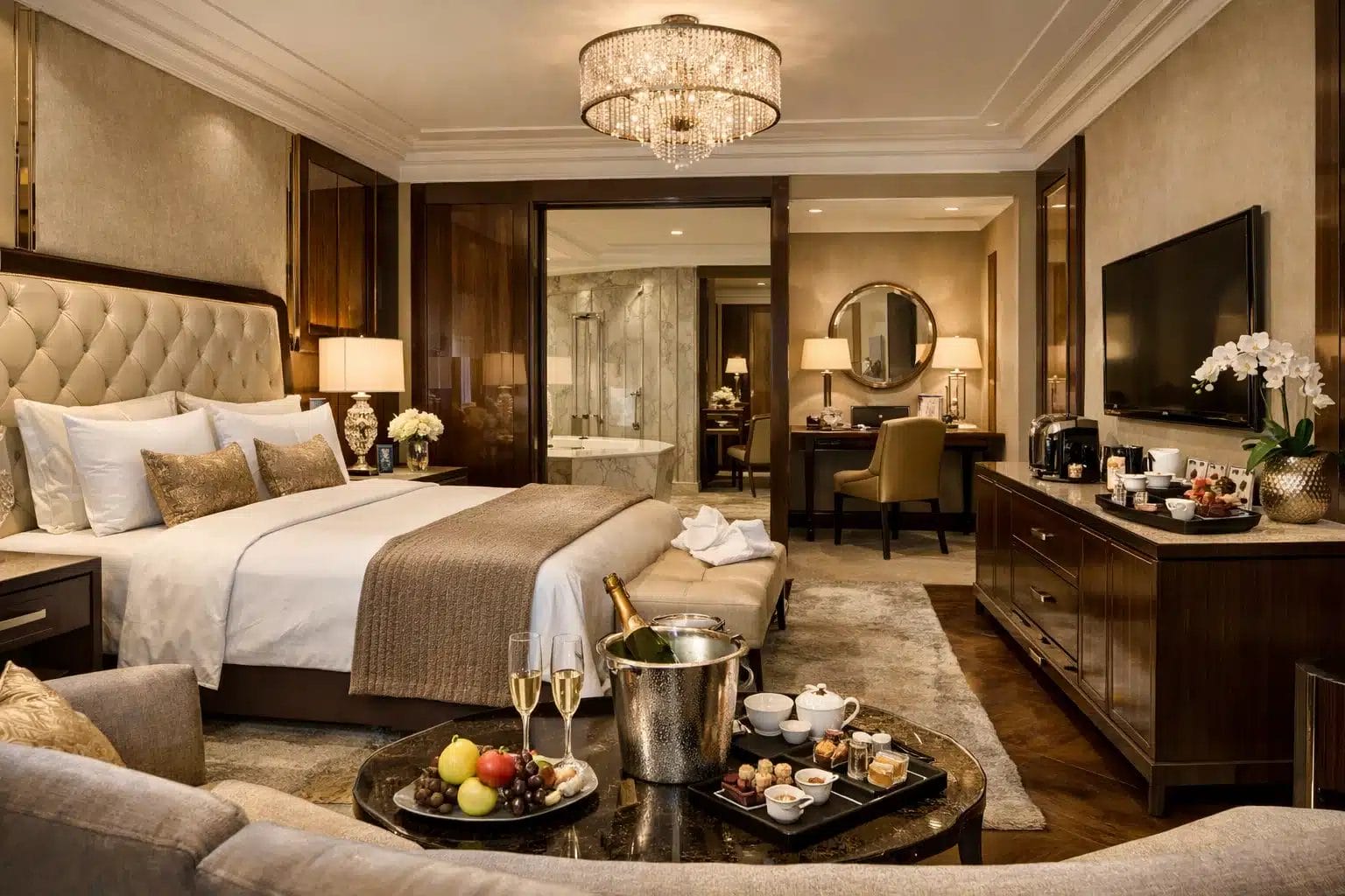 A luxurious hotel suite featuring bespoke FF&E and high-end OS&E, showcasing