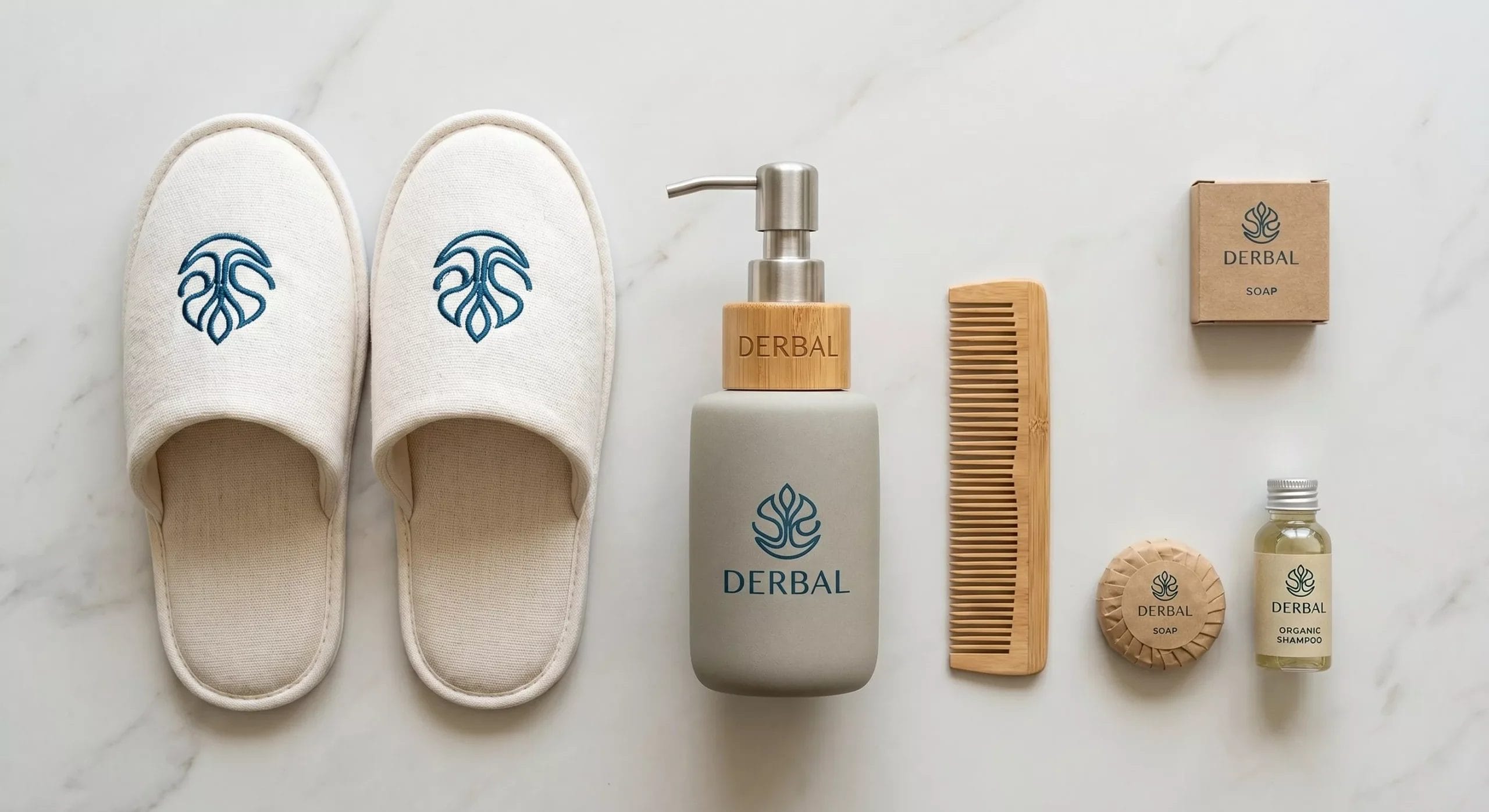 custom branded hotel amenities flatlay luxury resort logo hotel amenities procurement Southeast Asia