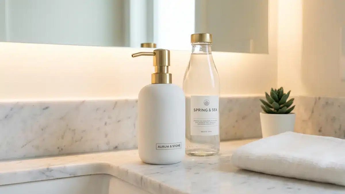 eco-friendly hotel soap dispenser and glass water bottle
