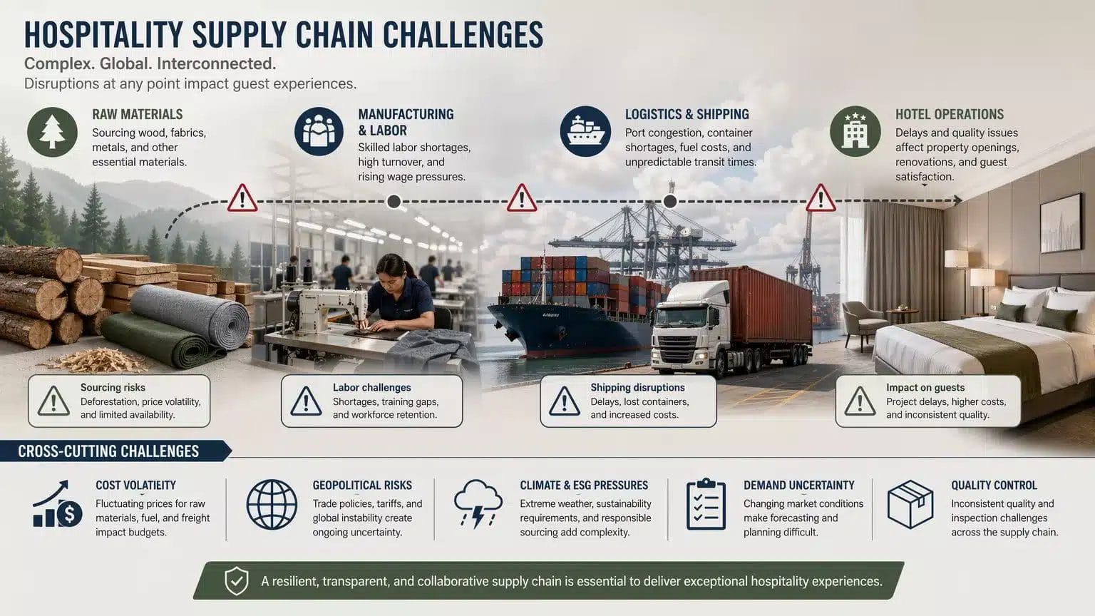 An illustration depicting various challenges in the hospitality supply chain, such as shipping delays, labor shortages, and raw material price volatility.