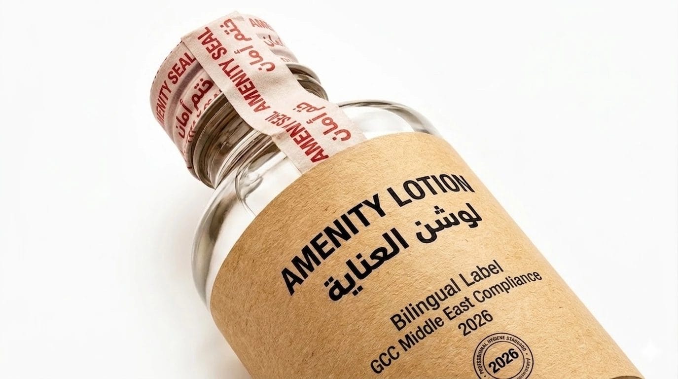 hotel safety hygiene standards suppliers hotel amenity packaging tamper seal bilingual Arabic English label GCC Middle East compliance 2026