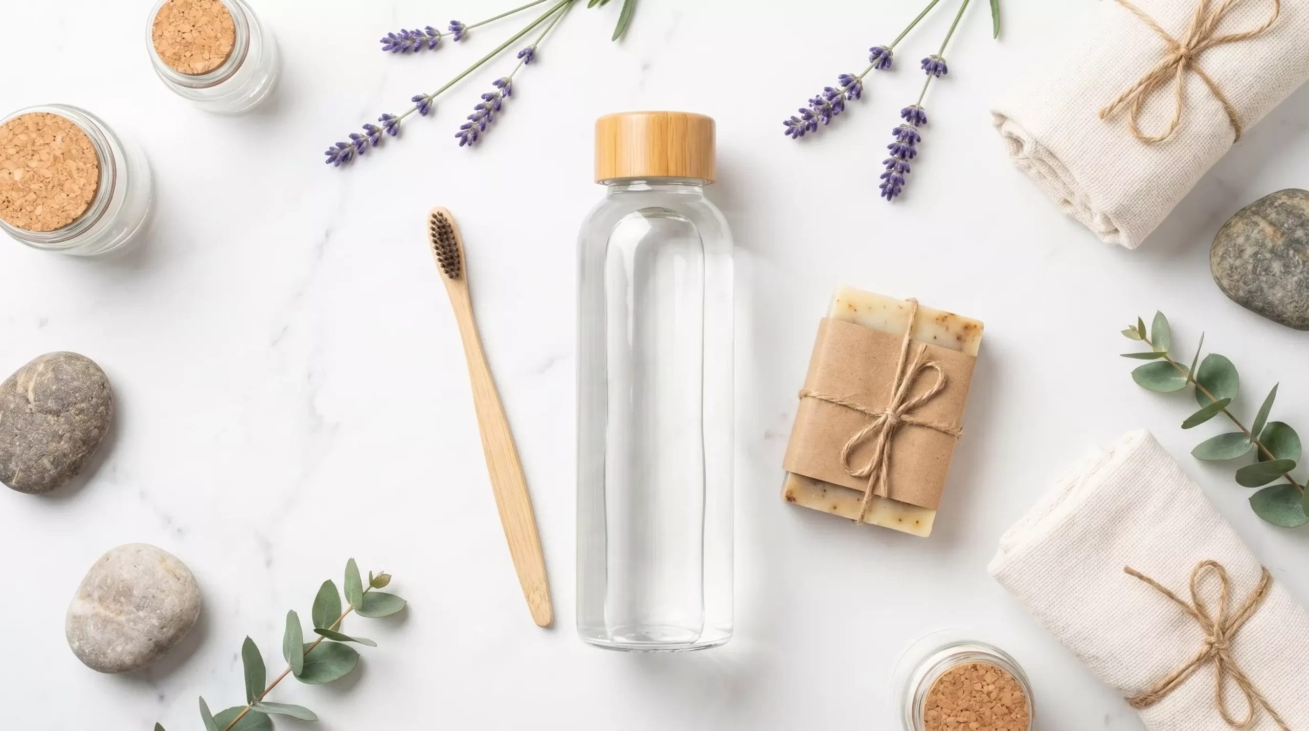 hotel safety hygiene standards suppliers eco amenities glass water bottle bamboo toothbrush kraft soap overhead flat lay marble