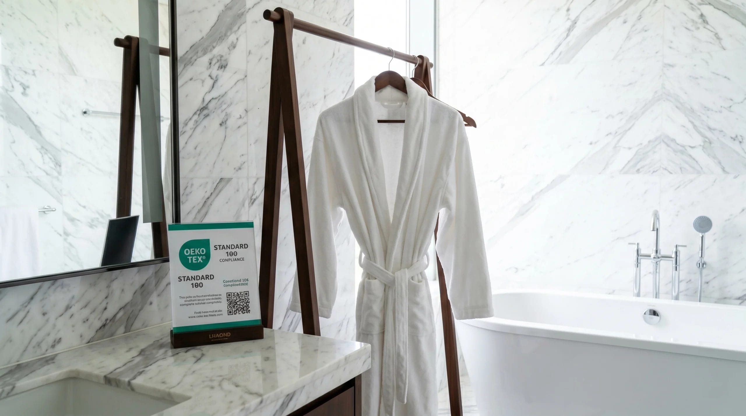 hotel safety hygiene standards suppliers OEKO-TEX certified white hotel bathrobe terry cloth luxury marble bathroom