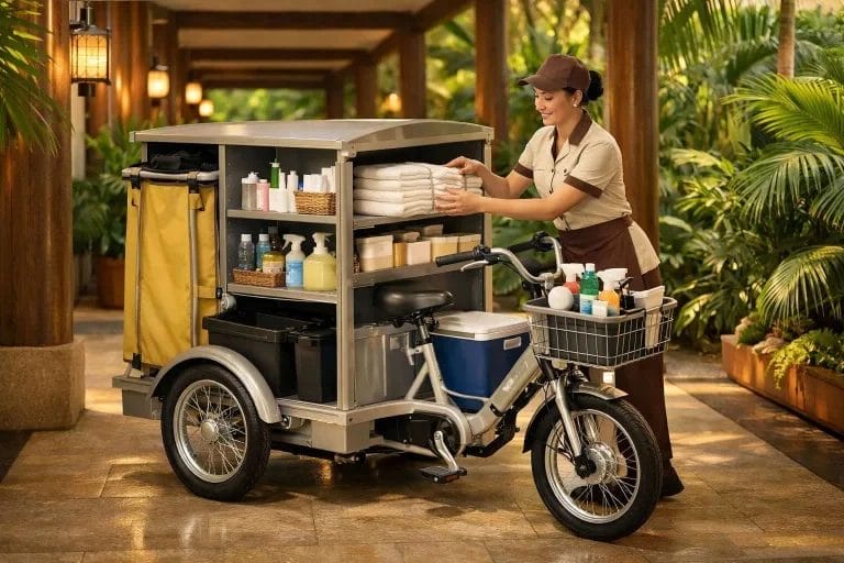 Resort housekeeping staff efficiently organizing and transporting supplies on a DERBAL aluminum tricycle.