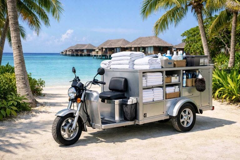 housekeeping efficiency tricycle parked on a sandy path at a luxury Maldives resort, loaded with supplies.